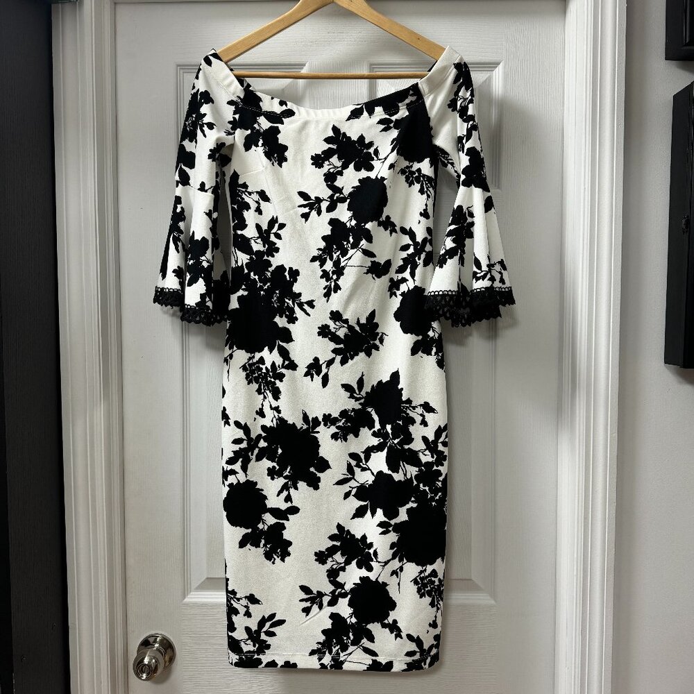 Premier Amour Off the shoulder bell sleeve black & white floral dress size 6 NWT